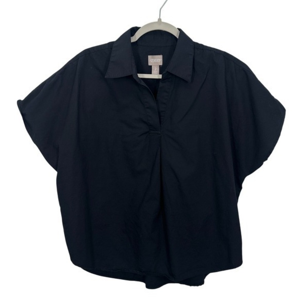 Chico's Black Short Sleeve Collared Cotton Poplin Button Front Popover Blouse